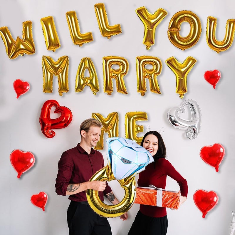 AnnoDeel Will You Marry Me Letter Balloons Banner, 16inch Gold Letter Foil Balloons Red Heart Mylar Balloons for Love Wedding Party Decorations - Image 4